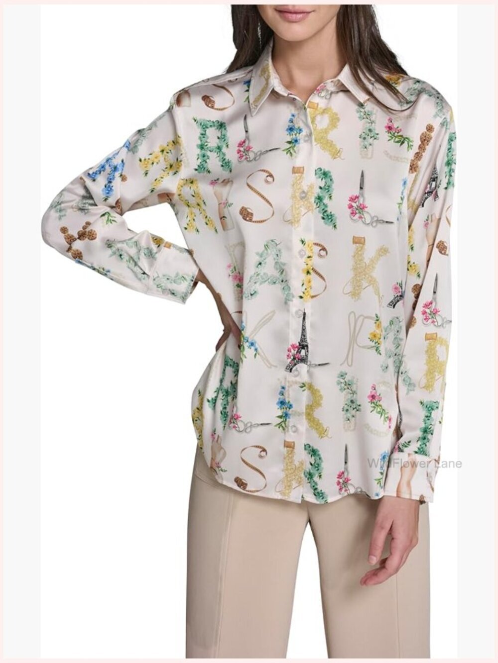 Oversized Button Down Blouse with All Over Print
